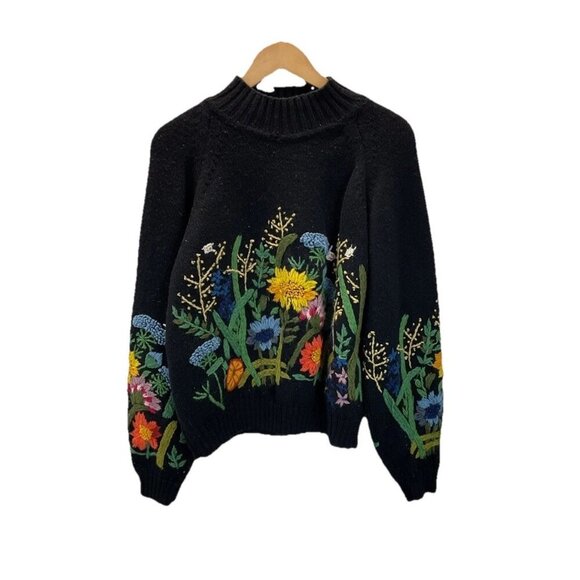 VTG French Connection Women size L Floral Embroidered 100% Wool Boho Artsy Black - Picture 1 of 13